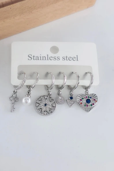 Kadın Vip Seri Antialerjik Zirkon Taşlı 6'lı Küpe ürün görseli 1