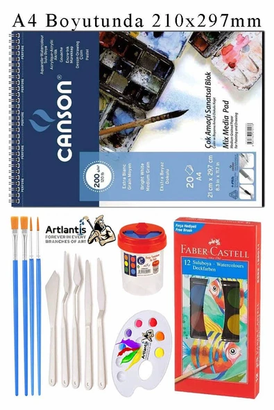 Canson Çok Amaçlı Sanatsal Blok A4 200 gr 20 Yaprak 1 Adet 12 Renk Sulu Boya Fırça Palet Spatula Fırça Temizleme Kabı ürün görseli 1