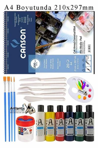 Canson Çok Amaçlı Sanatsal Blok A4 200 gr 20 Yaprak 1 Adet 6 Renk Akrilik Boya Fırça Palet Spatula Fırça Temizleme Kabı ürün görseli 1