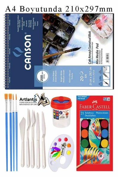 Canson Çok Amaçlı Sanatsal Blok A4 200 gr 20 Yaprak 1 Adet 21 Renk Sulu Boya Fırça Palet Spatula Fırça Temizleme Kabı ürün görseli 1