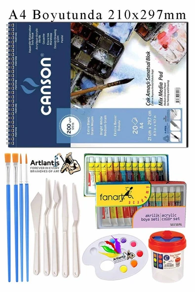 Canson Çok Amaçlı Sanatsal Blok A4 200 gr 20 Yaprak 1 Adet 12 Renk Akrilik Boya Fırça Palet Spatula Fırça Temizleme Kabı ürün görseli 1