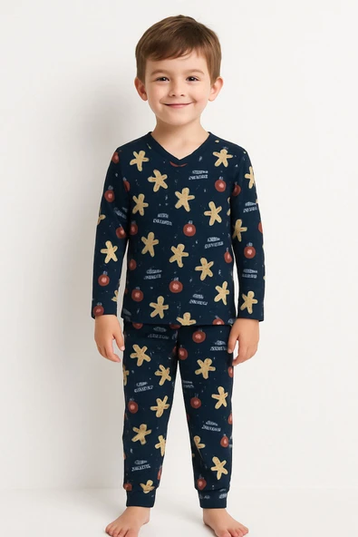 ela777 Girls & Boys Erkek Bebek Pijama Takımı Kurabiye Desenli 3 Yaş, Lacivert ürün görseli 1
