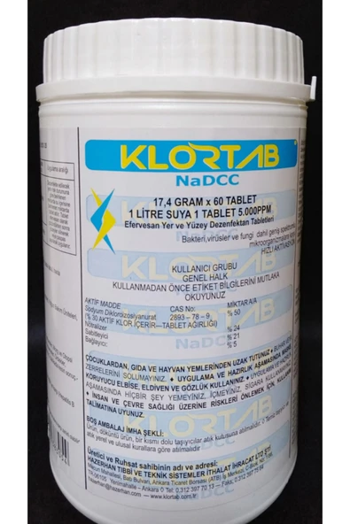 Klortab Nadcc 17.40 Gr X 60 Tablet - Yüksek Etkili Klor Bazlı Yer Ve Yüzey Dezenfektan Tableti ürün görseli 1
