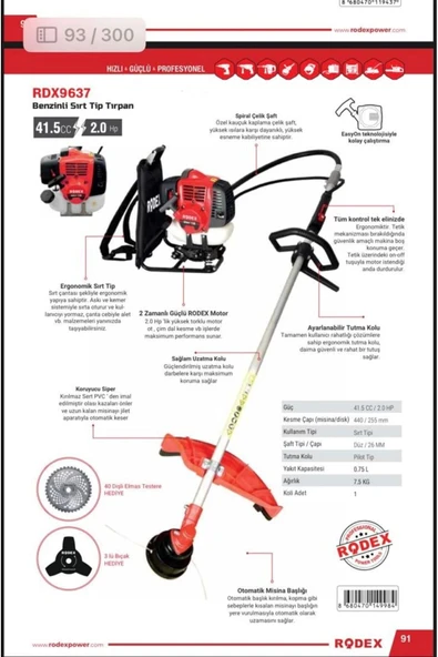 PTTAVM: Rodex RDX 9637 Benzinli Sırt Tırpanı 41.5CC/2HP