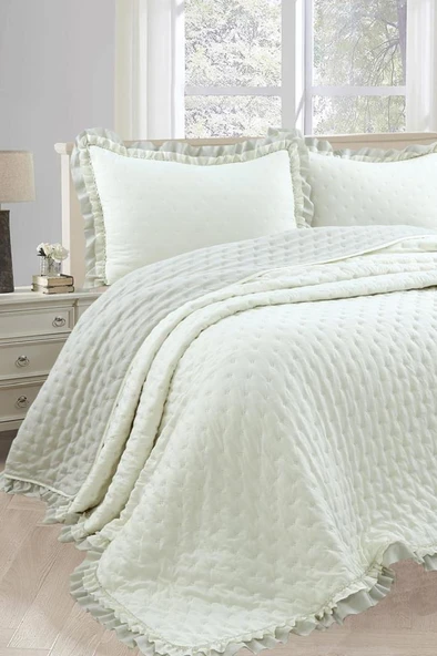 Lamina Fırfırlı Elyaf Dolgulu Çift Kişilik 240x260 Cm Yatak Örtüsü Krem ürün görseli 1