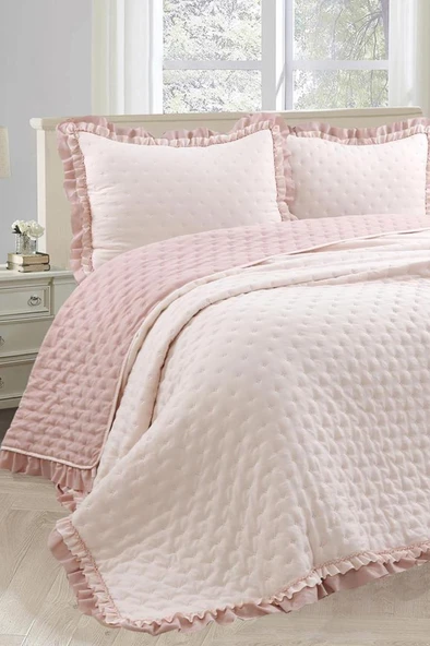 Lamina Fırfırlı Elyaf Dolgulu Çift Kişilik 240x260 Cm Yatak Örtüsü Pudra ürün görseli 1