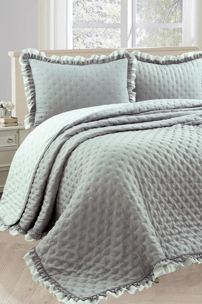 Lamina Fırfırlı Elyaf Dolgulu Çift Kişilik 240x260 Cm Yatak Örtüsü Gri ürün görseli 1