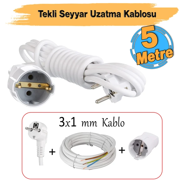 Seyyar Uzatma Kablosu 5 Metre Topraklı Fiş Monofaze CCA Priz 3x1 mm Beyaz Kablo H05VV-F ürün görseli 1