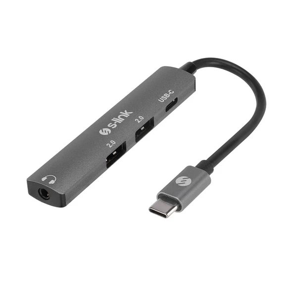 S-link SWV-USBC024 4 in 1 Gri Metal TypeC to 2*USB2.0 USB-C, 3.5mm Aux Port Type C Adaptör ürün görseli 1
