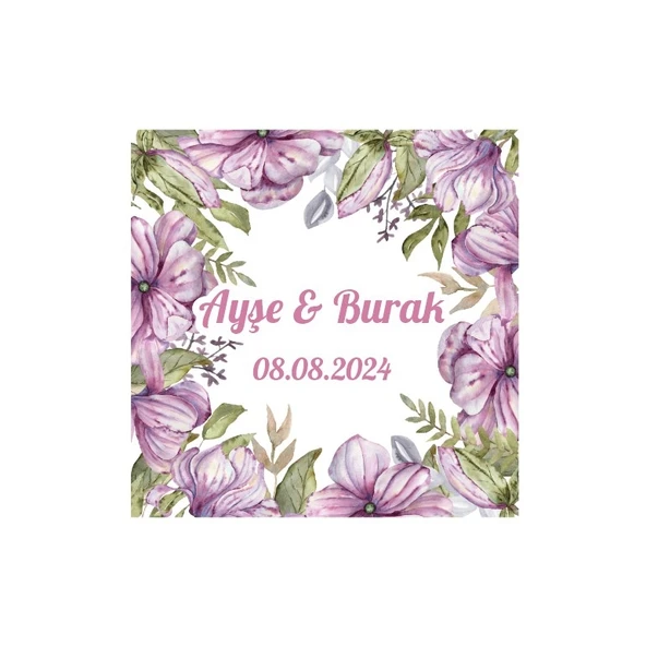 Mor Çiçekli Kına Nişan Düğün 3x3 cm özel etiket / 50 adet sticker ürün görseli 1