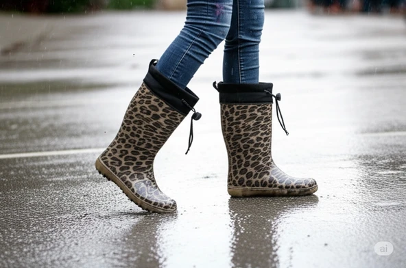 Konçlu Peluşlu Kadın Yağmur Çizmesi 36-40 Leopar Desenli ürün görseli 1