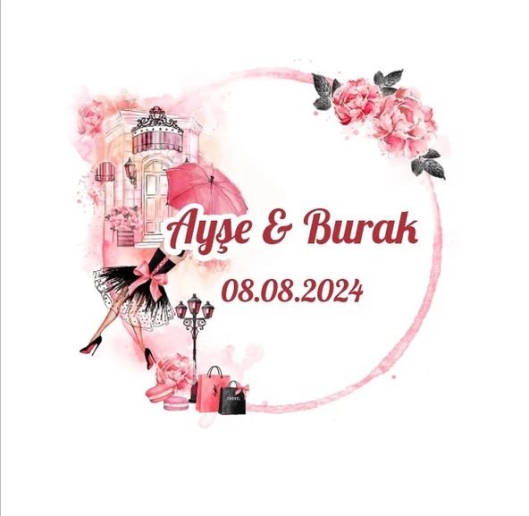 Romantik Gül Çelengi Etiketi Kına Nişan Düğün 3x3 cm özel etiket / 50 adet sticker ürün görseli 1