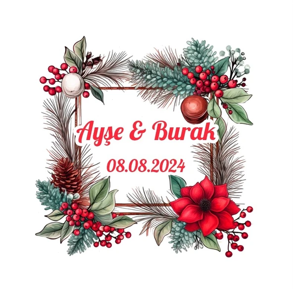 Gri Tonlu Kış Çelengi Etiketi Kına Nişan Düğün 3x3 cm özel etiket / 50 adet sticker ürün görseli 1