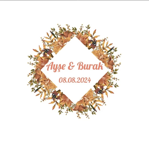 Yuvarlak Turuncu Çiçekli Kına Nişan Düğün 3x3 cm özel etiket / 50 adet sticker ürün görseli 1