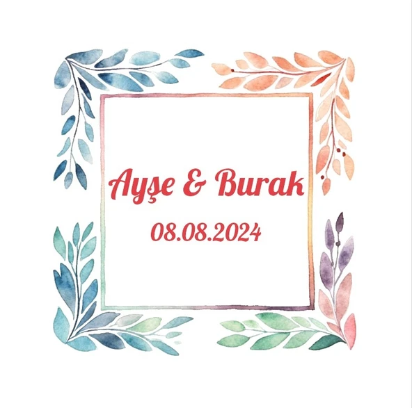 Canlı Yaprak Çerçeve Etiketi Kına Nişan Düğün 3x3 cm özel etiket / 50 adet sticker ürün görseli 1
