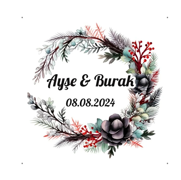 Mavi Kozalaklı Kış Çelengi Etiketi Kına Nişan Düğün 3x3 cm özel etiket / 50 adet sticker ürün görseli 1