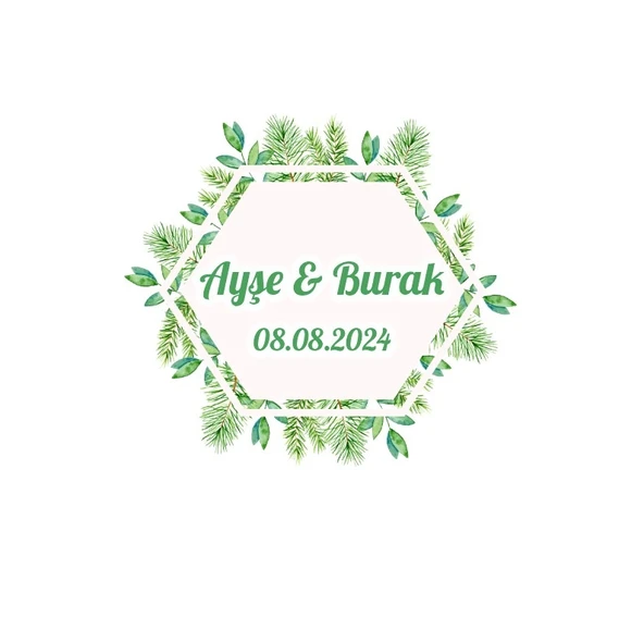Yuvarlak Yeşil Yaprak Çelengi Etiketi Kına Nişan Düğün 3x3 cm özel etiket / 50 adet sticker ürün görseli 1