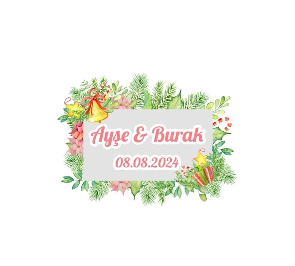 Kare Çiçekli Kış Çelengi Etiketi Kına Nişan Düğün 3x3 cm özel etiket / 50 adet sticker ürün görseli 1