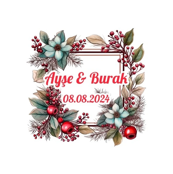 Noel Çiçeği Çerçeveli Etiket Kına Nişan Düğün 3x3 cm özel etiket / 50 adet sticker ürün görseli 1