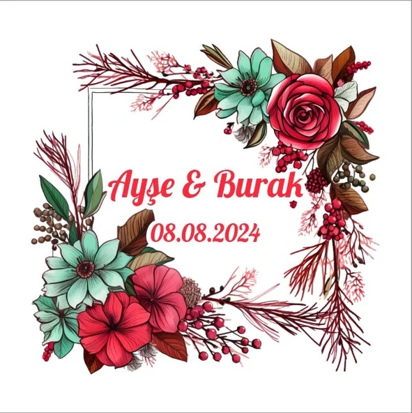 Sonbahar Çiçekleri Çerçeve Etiketi Kına Nişan Düğün 3x3 cm özel etiket / 50 adet sticker ürün görseli 1