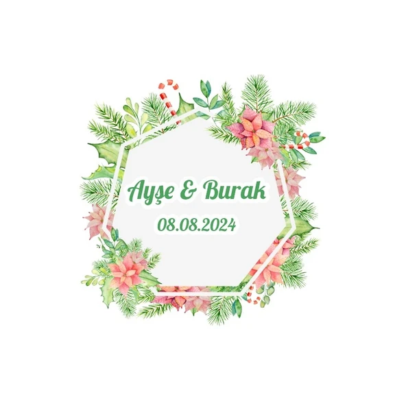 Altıgen Yeşil Yaprak Çerçeve Etiketi Kına Nişan Düğün 3x3 cm özel etiket / 50 adet sticker ürün görseli 1