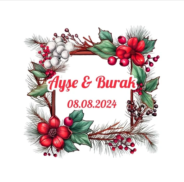 Kırmızı Meyveli Yeşil Çelenk Etiketi Kına Nişan Düğün 3x3 cm özel etiket / 50 adet sticker ürün görseli 1