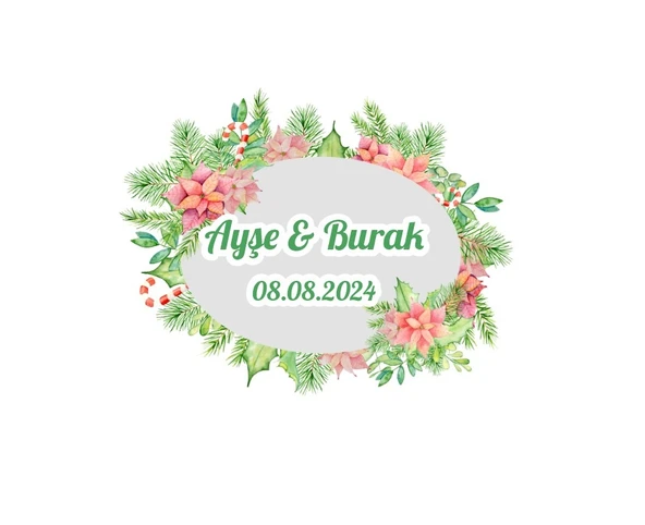 Yılbaşı Temalı Oval Çelenk Etiketi Kına Nişan Düğün 3x3 cm özel etiket / 50 adet sticker ürün görseli 1