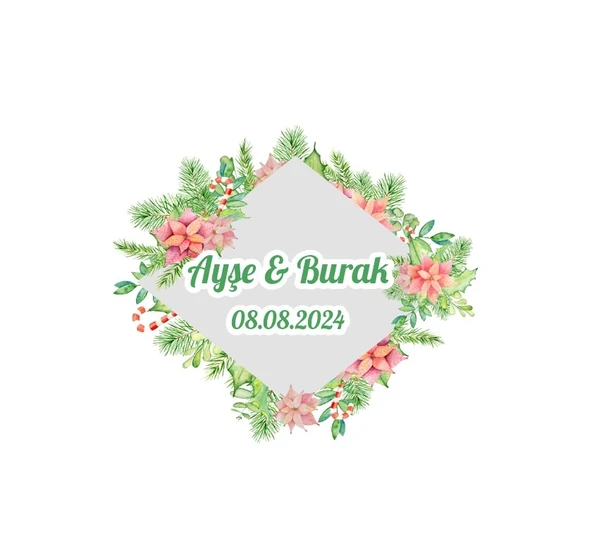 Geniş Oval Çiçekli Çelenk Etiketi Kına Nişan Düğün 3x3 cm özel etiket / 50 adet sticker ürün görseli 1