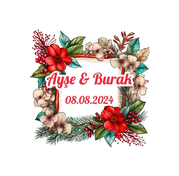 Kırmızı ve Beyaz Meyveli Çerçeve Etiketi Kına Nişan Düğün 3x3 cm özel etiket / 50 adet sticker ürün görseli 1