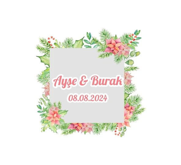Yuvarlak Çiçekli Kış Çelengi Etiketi Kına Nişan Düğün 3x3 cm özel etiket / 50 adet sticker ürün görseli 1