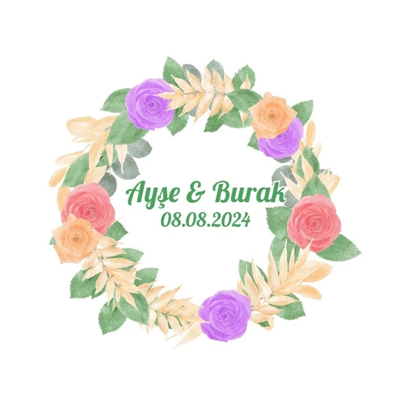 Pembe Güllü Yaprak Çelenk Etiketi Kına Nişan Düğün 3x3 cm özel etiket / 50 adet sticker ürün görseli 1