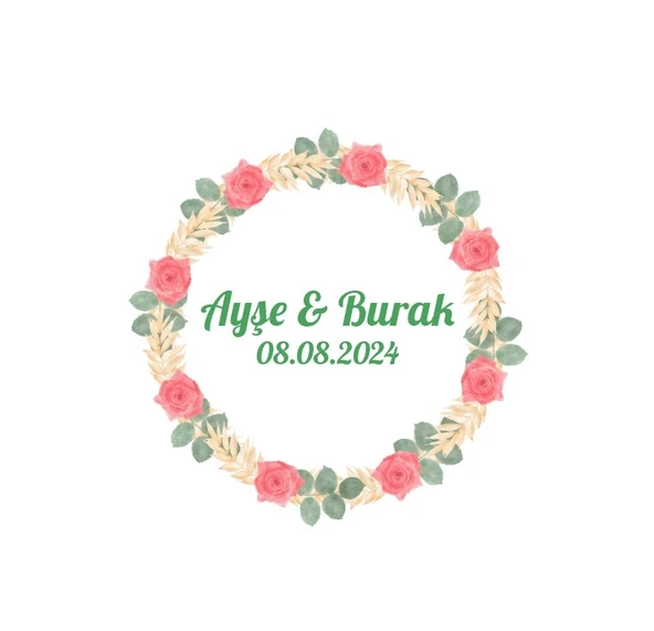 Şeftali Rengi Güllü Çelenk Etiketi Kına Nişan Düğün 3x3 cm özel etiket / 50 adet sticker ürün görseli 1