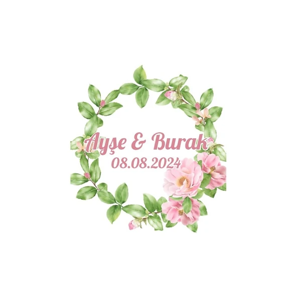 Pembe Mor Gül ve Yapraklı Çelenk Etiketi Kına Nişan Düğün 3x3 cm özel etiket / 50 adet sticker ürün görseli 1