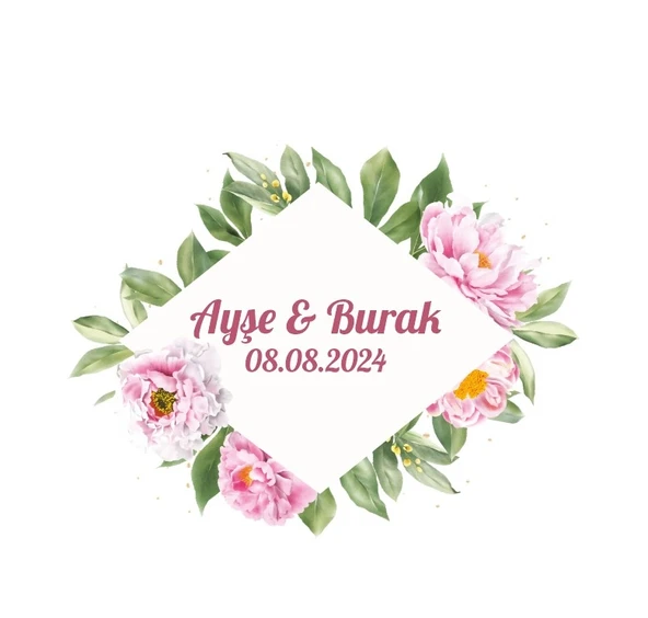Pembe Şakayık Çerçeveli Etiket Kına Nişan Düğün 3x3 cm özel etiket / 50 adet sticker ürün görseli 1