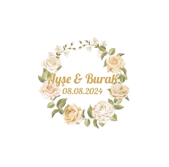Yuvarlak Pembe Gül Çiçekli Çelenk Etiketi Kına Nişan Düğün 3x3 cm özel etiket / 50 adet sticker ürün görseli 1