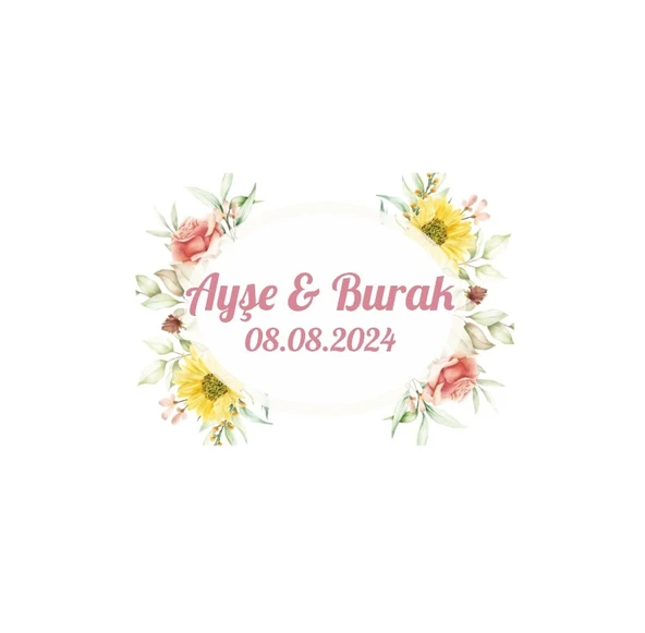 Pembe Zambak ve Yapraklı Oval Etiket Kına Nişan Düğün 3x3 cm özel etiket / 50 adet sticker ürün görseli 1