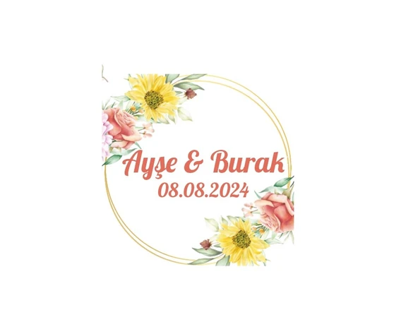 Ayçiçeği ve Güllü Daire Etiket Kına Nişan Düğün 3x3 cm özel etiket / 50 adet sticker ürün görseli 1
