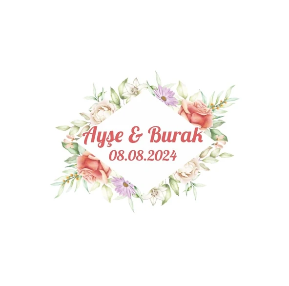 Şeftali ve Gül Çiçekli Çelenk Etiketi Kına Nişan Düğün 3x3 cm özel etiket / 50 adet sticker ürün görseli 1