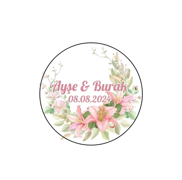 Pembe Gül ve Tomurcuk Çelenk Etiketi Kına Nişan Düğün 3x3 cm özel etiket / 50 adet sticker ürün görseli 1