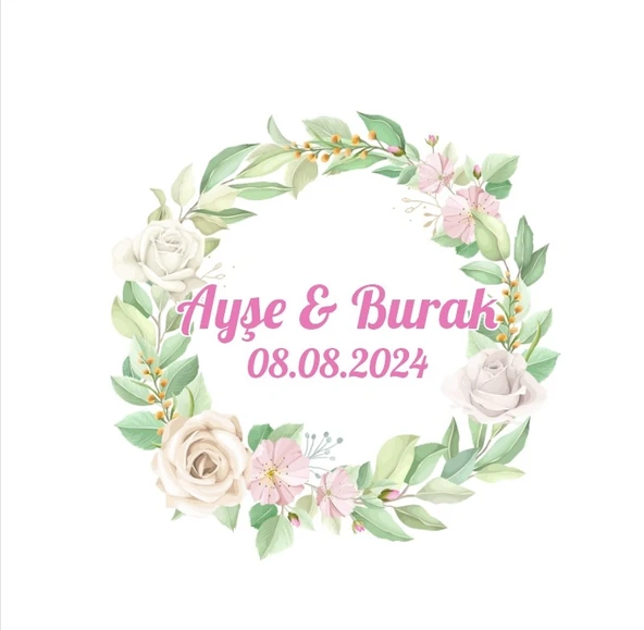 Altın Halkalı Yaprak Çelenk Etiketi Kına Nişan Düğün 3x3 cm özel etiket / 50 adet sticker ürün görseli 1