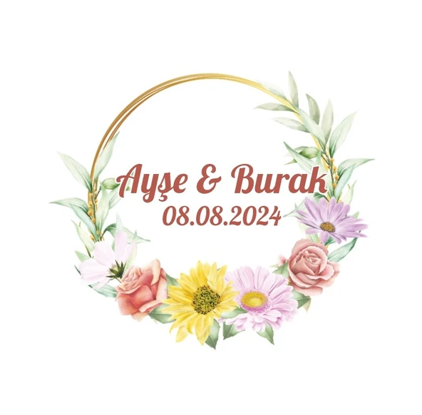 Sade Çiçekli Altın Çelenk Etiketi Kına Nişan Düğün 3x3 cm özel etiket / 50 adet sticker ürün görseli 1