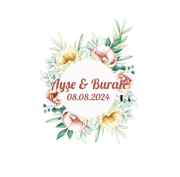 Yuvarlak Altın Yaprak Çelengi Etiketi Kına Nişan Düğün 3x3 cm özel etiket / 50 adet sticker ürün görseli 1