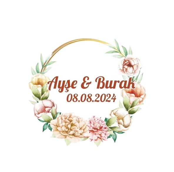Yuvarlak Altın Yapraklı Çelenk Etiketi Kına Nişan Düğün 3x3 cm özel etiket / 50 adet sticker ürün görseli 1