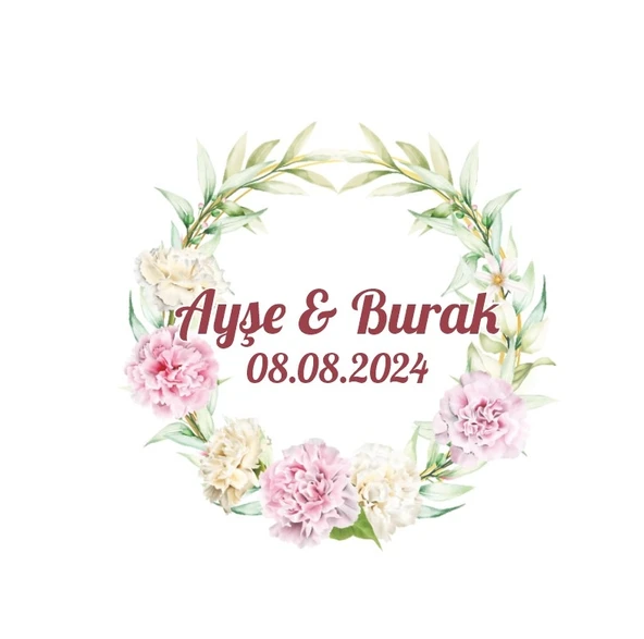 Basit Yapraklı Yuvarlak Çelenk Etiketi Kına Nişan Düğün 3x3 cm özel etiket / 50 adet sticker ürün görseli 1