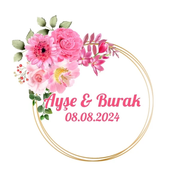 Dörtgen Çiçekli Çelenk Etiketi Kına Nişan Düğün 3x3 cm özel etiket / 50 adet sticker ürün görseli 1