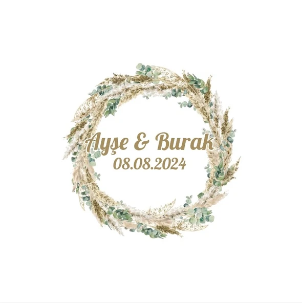 Altın Rengi Yuvarlak Defne Çelengi Etiketi Kına Nişan Düğün 3x3 cm özel etiket / 50 adet sticker ürün görseli 1