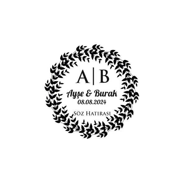 Dolu Yapraklı Dal Çerçeveli Yuvarlak Mühür Kına Nişan Düğün 3x3 cm özel etiket / 50 adet sticker ürün görseli 1