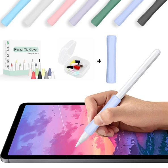 Apple Pencil 1-2 Nesil Pro USB-C Uyumlu Soft Yumuşak Silikon Kalem Tutucu ve 8'li Kalem Ucu Koruyucu  Lila ürün görseli 1