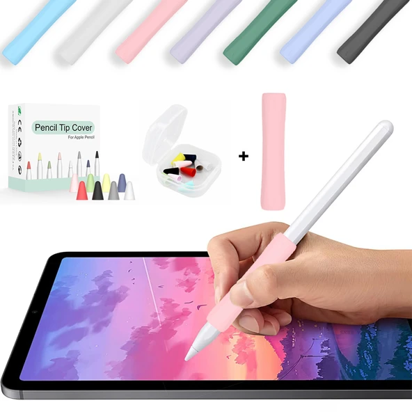 Apple Pencil 1-2 Nesil Pro USB-C Uyumlu Soft Yumuşak Silikon Kalem Tutucu ve 8'li Kalem Ucu Koruyucu  Pembe ürün görseli 1