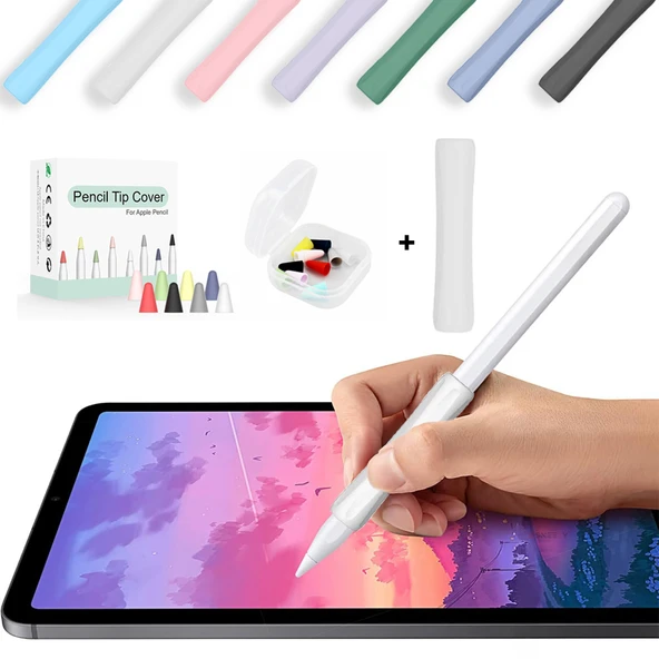 Apple Pencil 1-2 Nesil Pro USB-C Uyumlu Soft Yumuşak Silikon Kalem Tutucu ve 8'li Kalem Ucu Koruyucu  Beyaz ürün görseli 1